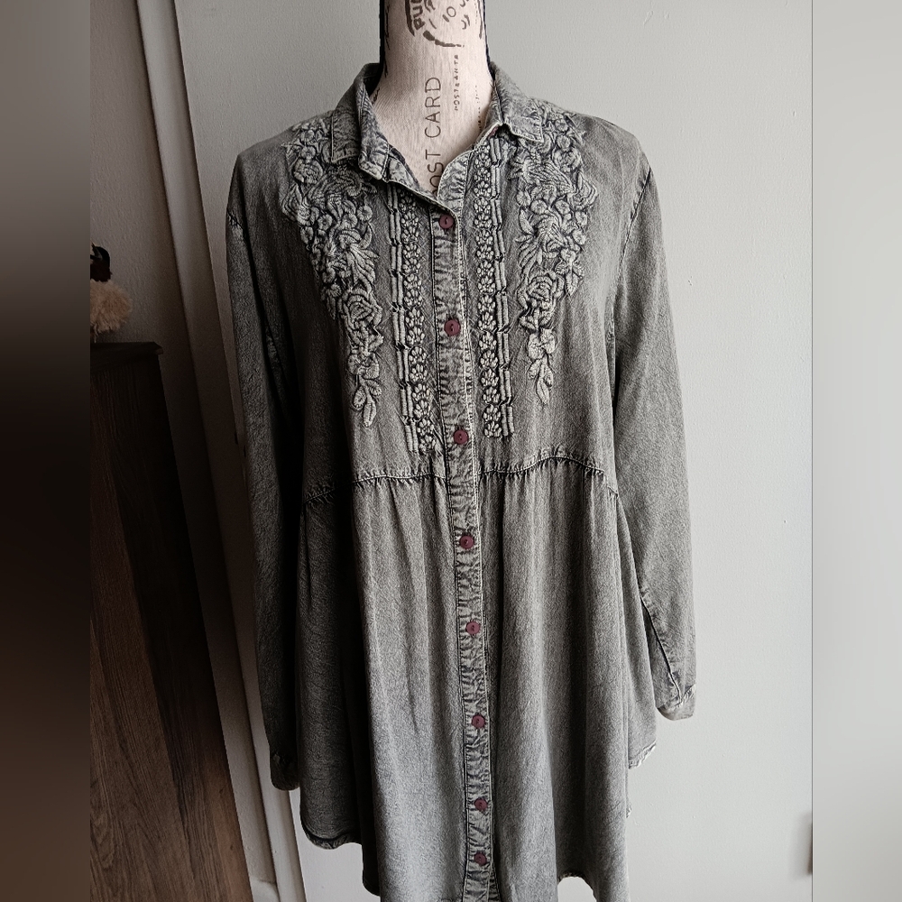 Embroidered Gray Denim Top